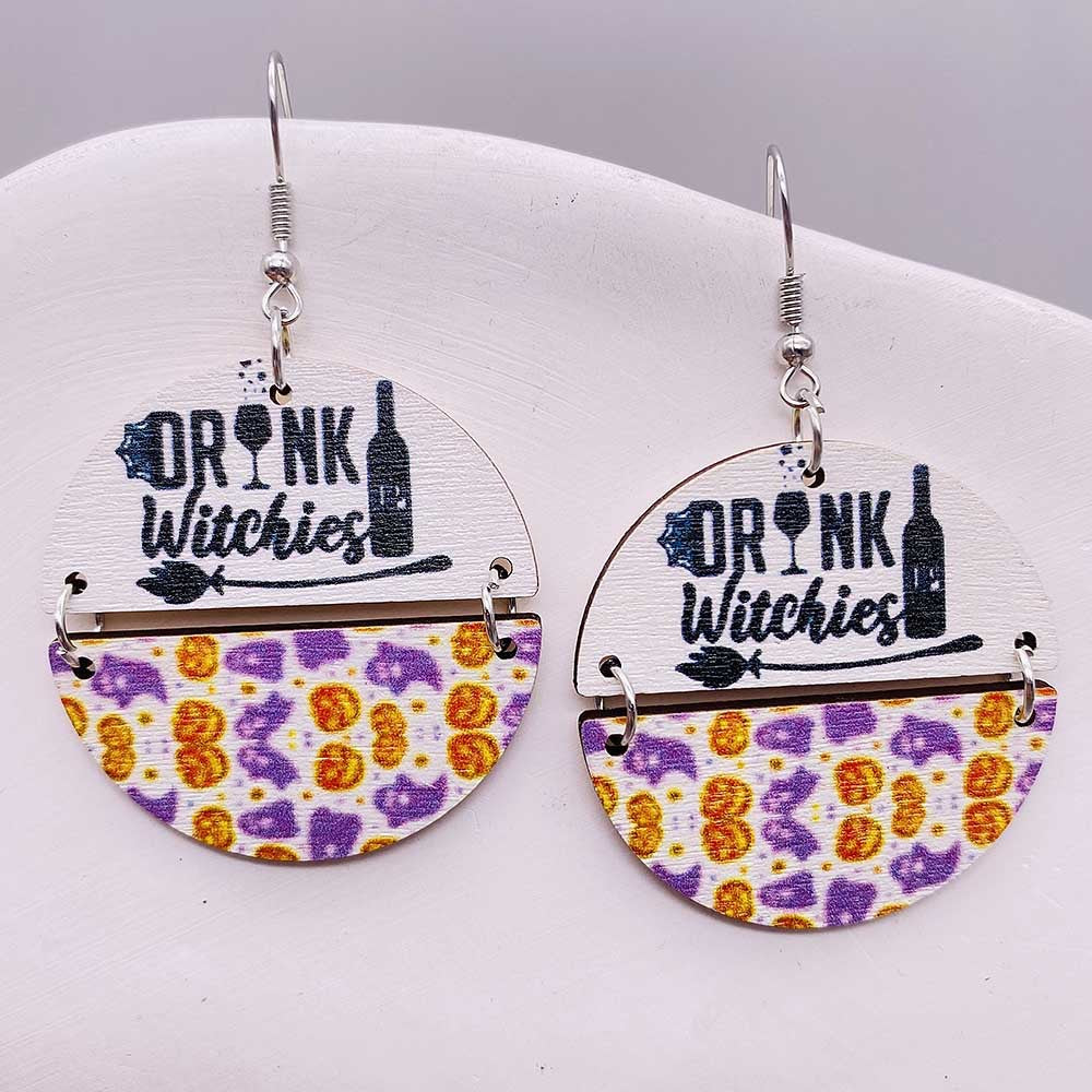 Wholesale Halloween Two Half Circles Patchwork Wooden Earrings